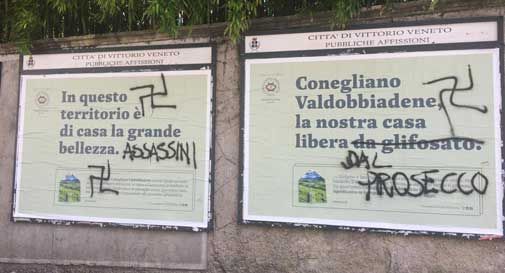 Vandali contro i manifesti del Consorzio del Prosecco, svastiche e ingiurie